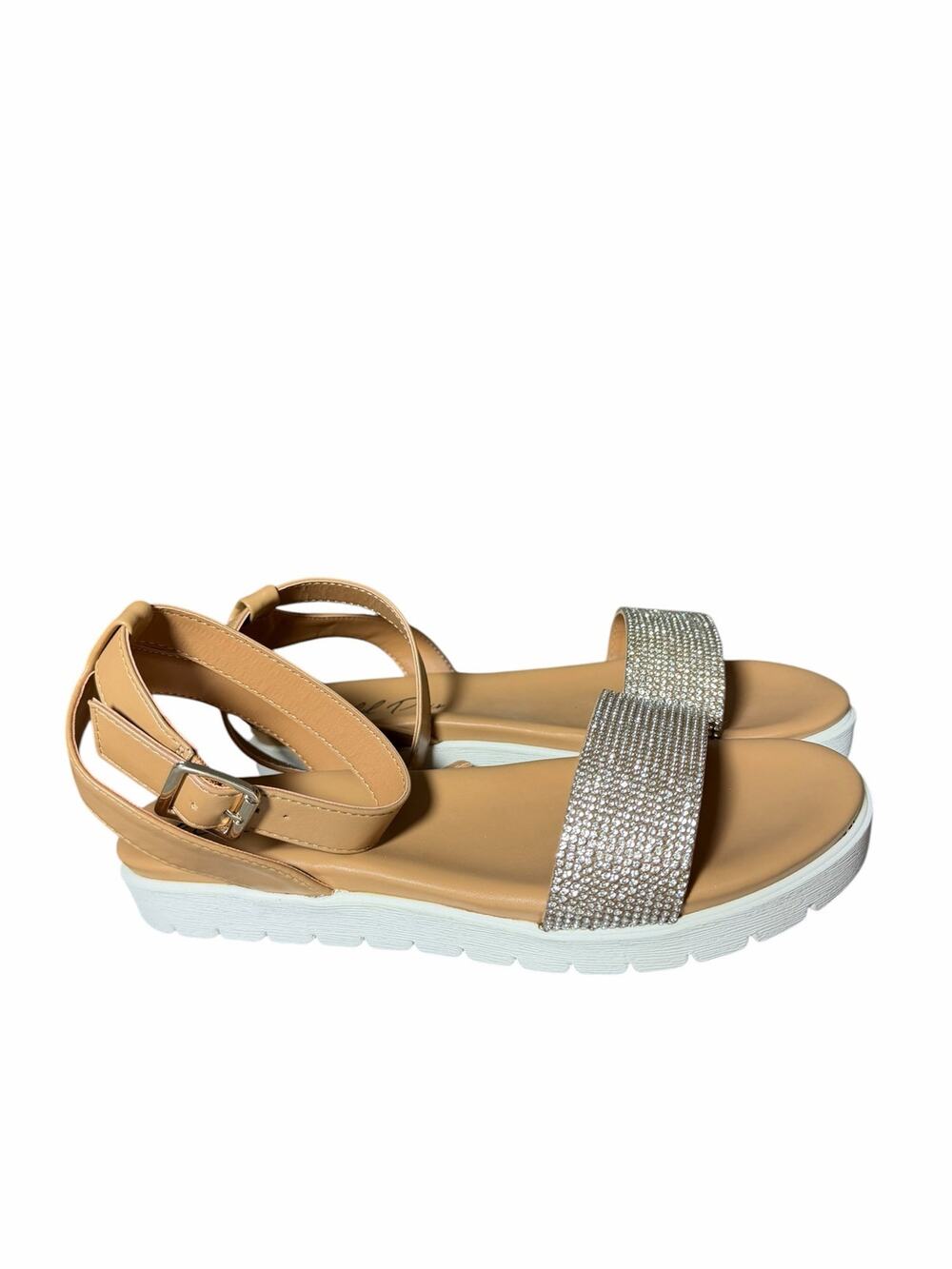 Wild Pair nude open-toe sandals crystal embellished  ankle strap Size 6.5 NEW